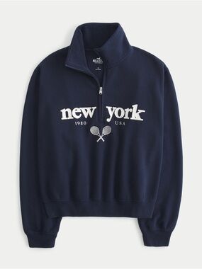 Hollister Easy Quarter Zip New York Graphic Sweatshirt - Small - Navy Blue